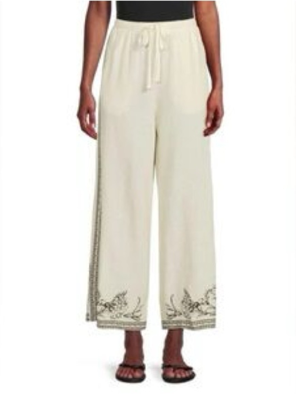 Max Studio Cream White Linen Blend Wide-Leg Floral Print Drawstring Pants M